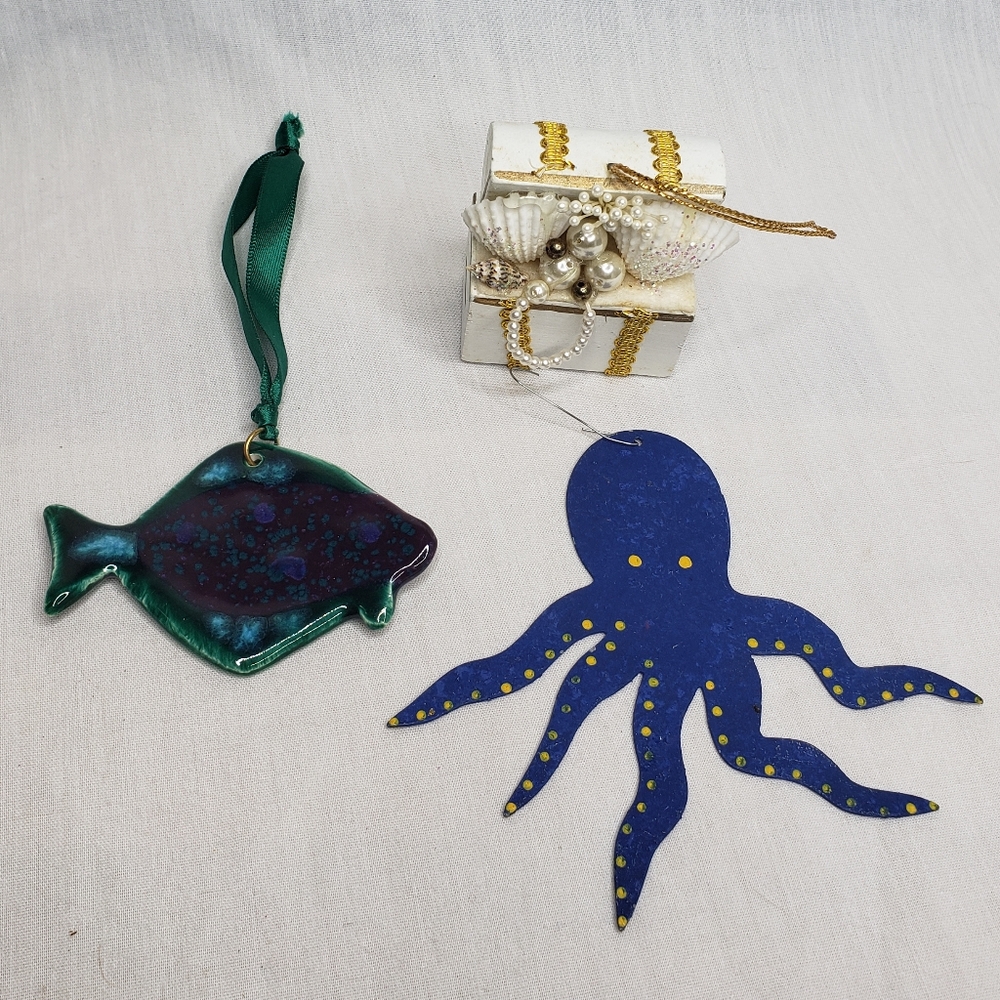 Vintage Nautical Christmas Ornaments Squid Treasure Chest Ceramic Fish